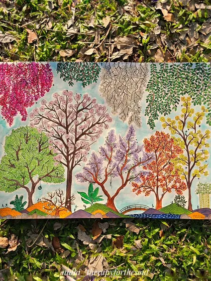 My Bangalore spring painting resting on the grass. The natural setting complements the theme of the artwork perfectly.
