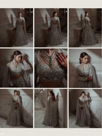 A collage showcasing the bride's stunning silver lehenga and poses from her Sangeet night photoshoot.