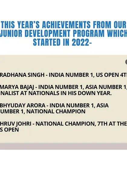 The incredible success of our Junior Development Program, which started in 2022. In a short time, we have produced multiple India Number 1s and National Champions.