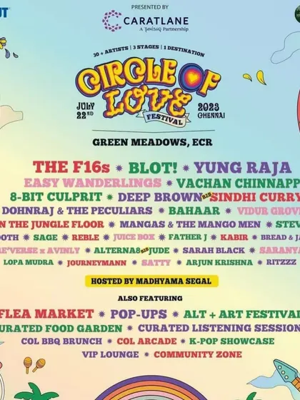 Another poster for the Circle of Love festival, showcasing the diverse range of activities from music to flea markets and food gardens.