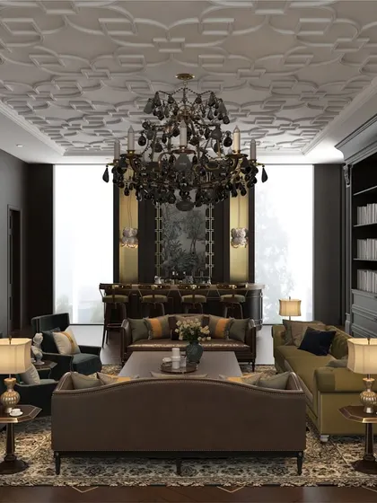 This family lounge proves that a brown color palette can be incredibly sophisticated. I layered different tones and textures, from the dark wood bookcase to the plush sofas and a classic chandelier, to create a warm and elegant retreat.