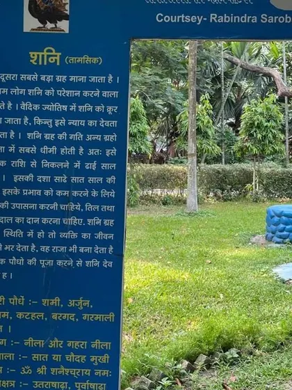This plaque is for 'Shani' (Saturn), the lord of justice. It explains Saturn's nature and the plants associated with it, which are used in remedies to appease the planet and reduce its malefic effects.