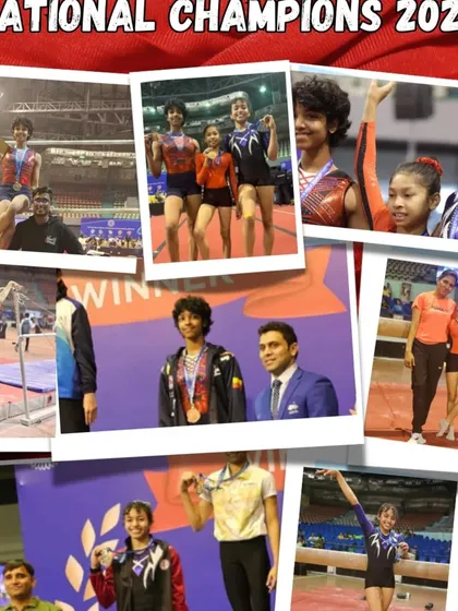 A collage celebrating our National Champions of 2024. This image is a powerful summary of our success, showcasing multiple winners and reinforcing our status as a top-tier gymnastics academy.