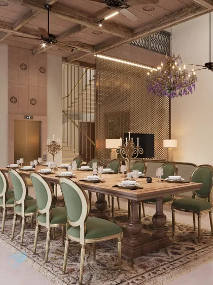 The formal dining area is designed for grand entertaining, featuring a long wooden table, classic seating, and a modern brass jali screen. The space is a blend of textures, from the intricate rug to the exposed wooden ceiling, creating an immersive dining experience.