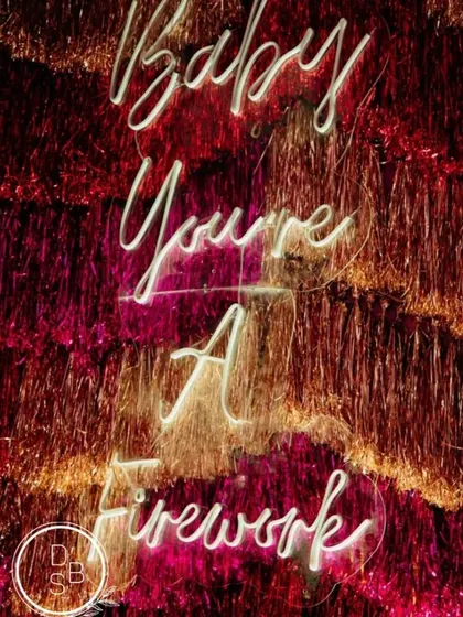 "Baby you're a firework!" This sparkling tinsel and neon sign photo booth was a huge hit, serving as a reminder for everyone to shine brightly.