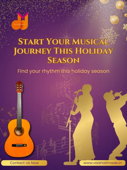 This holiday-themed graphic invites you to start your musical journey with us, highlighting our guitar and singing classes as a perfect gift for yourself or a loved one.