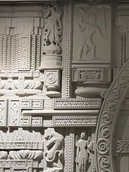 A detailed close-up of the CNC carving for the Hari Mandir office mural, showing incredible detail.