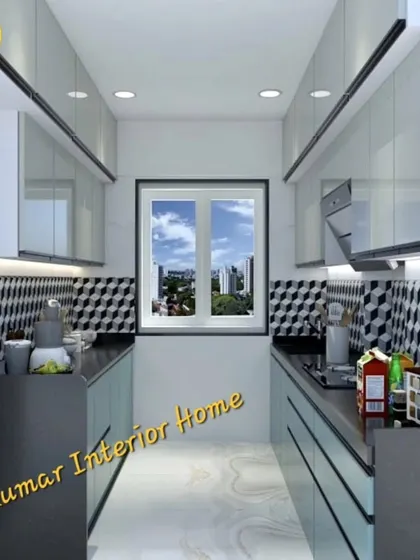 A modern parallel kitchen design with a bold geometric-tiled backsplash. The two-tone cabinets and under-cabinet lighting create a workspace that is both stylish and practical.