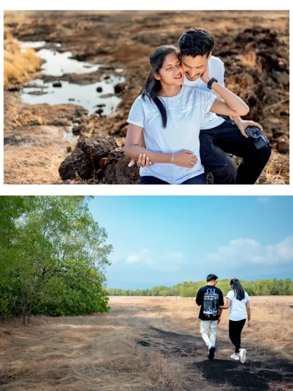 A collage from a casual pre-wedding shoot in a dry, rustic landscape. It shows both a playful, interactive moment and a shot of them walking away together.