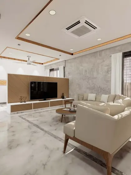 A 3D visualization of a luxurious living room, featuring Italian marble floors, a textured paint wall, and teak wood ceiling details. This helps clients visualize the final space.