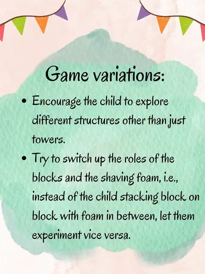 Build a tower with blocks and "cement" made of shaving foam! This fun sensory game strengthens a child's pincer grip and develops spatial awareness.