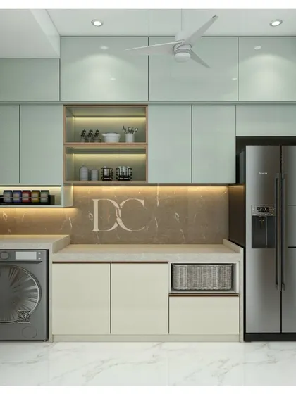 This view shows how we integrated the washing machine and refrigerator seamlessly into the kitchen design. The consistent cabinetry and countertop create a clean, unified look, proving that utility areas can also be stylish.