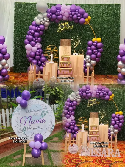 A collage showing the welcome sign and main decoration for Nesara's birthday.