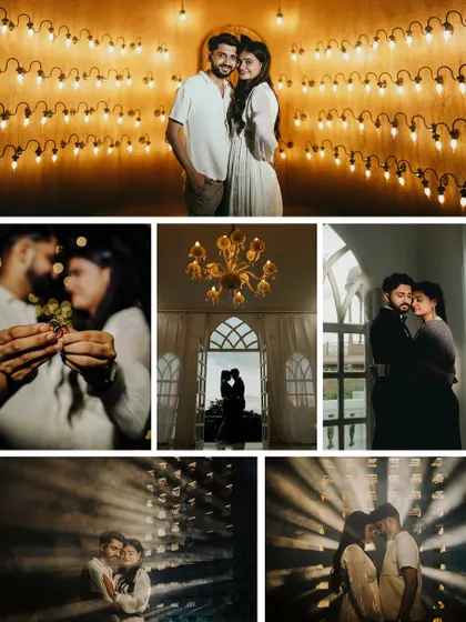 A collage of artistic and moody portraits, showcasing various techniques from silhouettes to dramatic lighting. This collection highlights my creative approach to capturing love in a unique and memorable way.