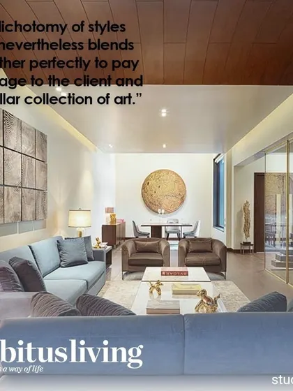 This living room in our "Envelope" project in New Delhi was featured in Habitus Living. The design pays homage to the client's stellar art collection, with a restrained material palette and tactile finishes creating a perfect backdrop for the curated pieces.