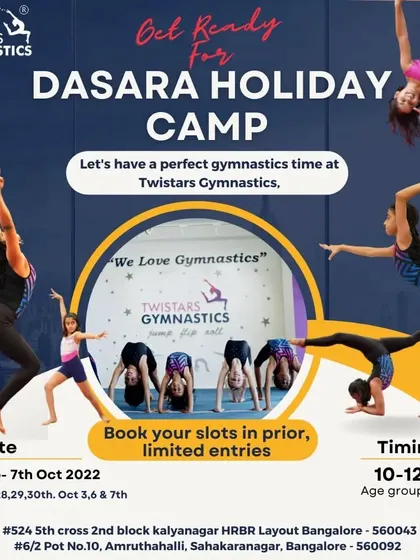 Don't miss our Dasara Holiday Camp! It's the perfect way to spend the holiday break, with gymnastics training from 10am to 12pm. Book your slot before they're all gone!
