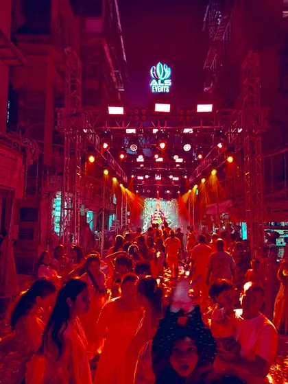 I transform open spaces into vibrant venues for Navratri Garba nights. This photo shows a street buzzing with energy, fully equipped with my trussing, lighting, and sound system to create an unforgettable night of dance and devotion.