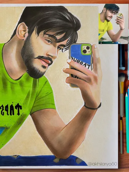 A modern selfie portrait, recreated on A3 paper with colored pencils. I can even include details like the phone and its case to capture the moment perfectly.