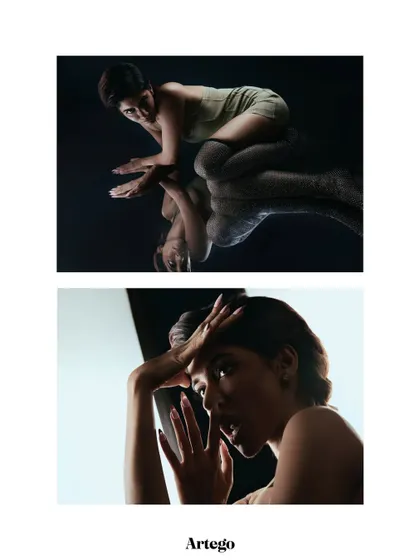 A diptych for Artego Magazine, pairing a reflection shot with a high-key beauty portrait.