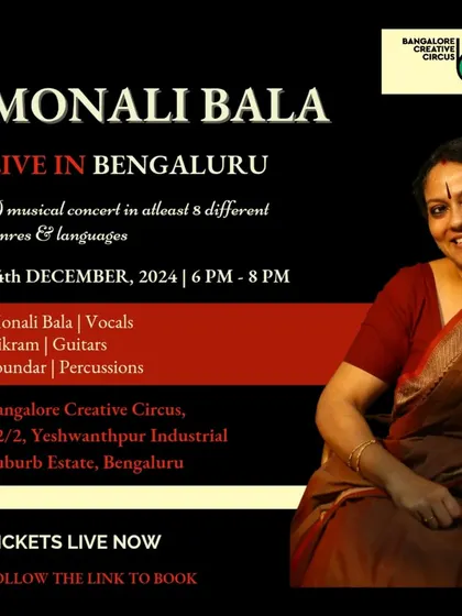 Monali Bala, live in Bengaluru! We host musical journeys that celebrate the rich diversity of India, with concerts spanning multiple genres and languages.
