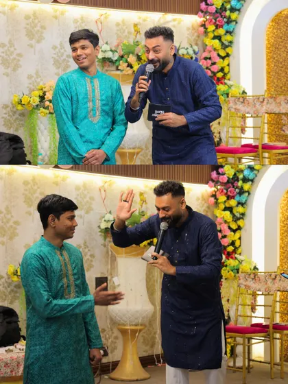 I love bringing the younger members of the family into the spotlight. Here, I'm interacting with a young guest, making him feel comfortable and celebrated on stage, ensuring the fun is for all ages.