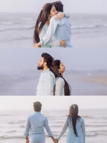 A series of shots from the beach pre-wedding session, showing a loving hug, a back-to-back pose, and the couple looking out at the ocean together.