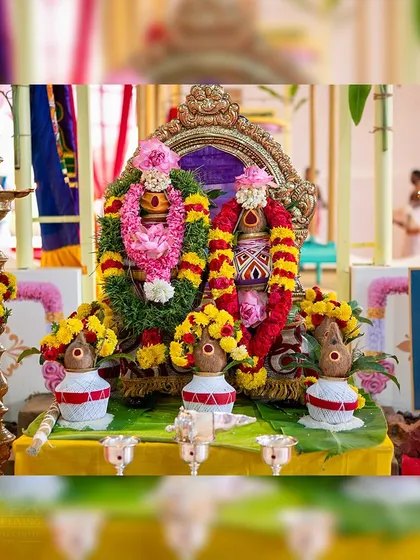 The beautifully decorated deities for the Maha Ganapathi, Subramanya, and Navagraha Homas. These rituals are often performed together to remove all types of obstacles.
