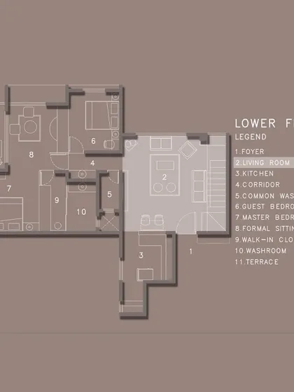A duplicate of the lower floor plan for the Duplex Project, emphasizing the living room layout during the design phase.