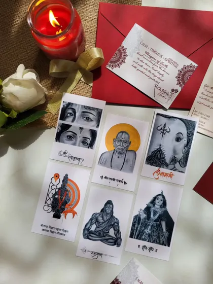 A selection of six different postcard designs, including Radha Krishna's eyes, Swami Samarth, Ganesha, Hanuman, and a goddess portrait.
