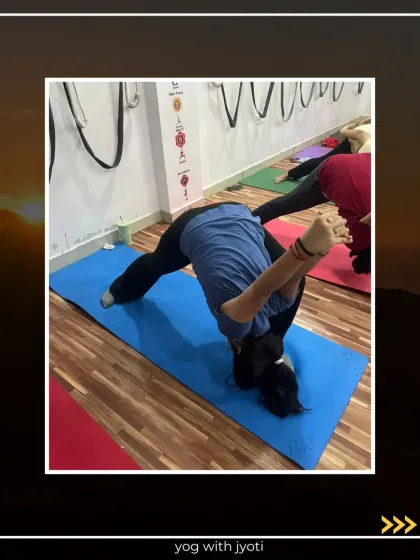 A student in a twisted forward bend, a variation of Shirsh Padangushthaan Asana, showing great flexibility.