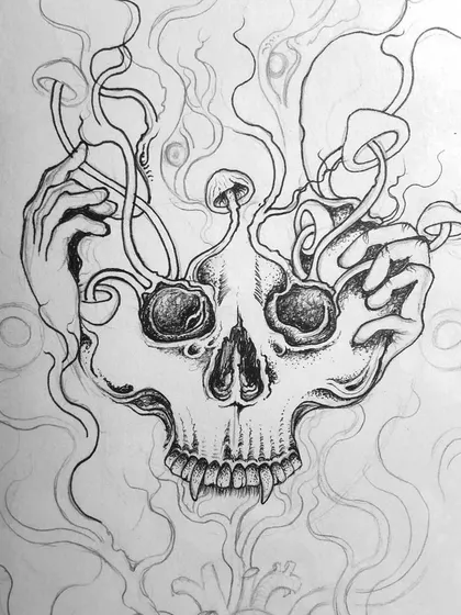 The pencil sketch for my "Trip" artwork, establishing the composition of the skull, mushrooms, and hands.