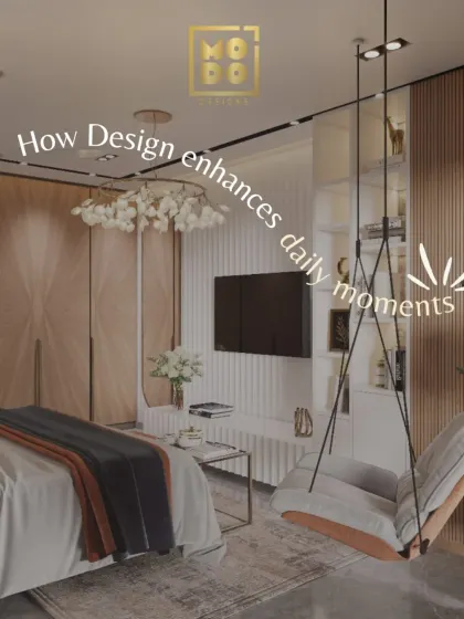 This image shows how thoughtful design enhances daily moments. A comfortable swing chair in the bedroom provides a unique spot to relax and enjoy the view.