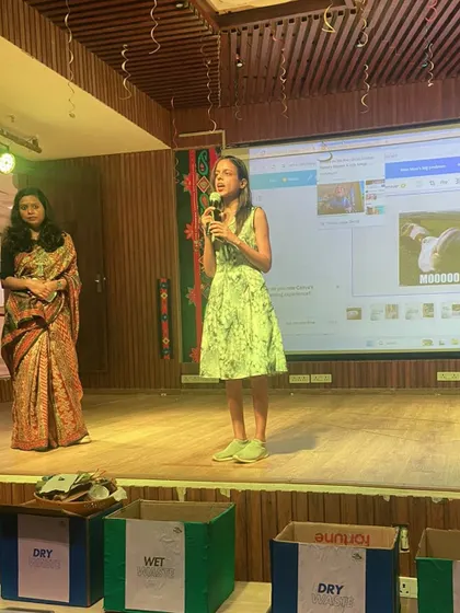 Sargam leading a discussion on waste management. Our school workshops are designed to be a dialogue, where we learn from the students' perspectives just as much as they learn from us.