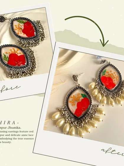 The Adhira jhumka, featuring bold red larkspur, has been beautifully redesigned. I have added elegant pearl ghungroos to create a more striking and premium piece for you to enjoy.