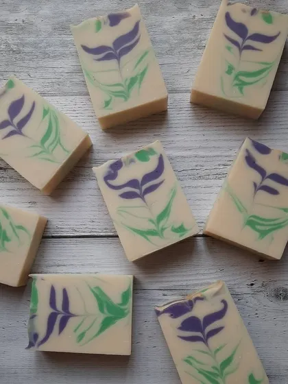 This overhead shot captures the full set of Blooming Lavender bars. I love how the colors pop against the creamy white base, making each wash a visual treat.