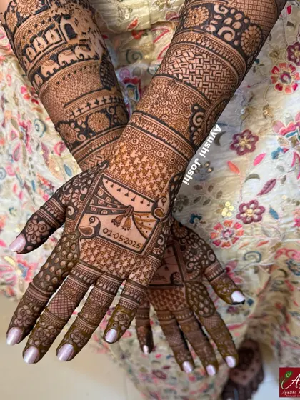 A close-up of the back of the hands, showing the detailed Gathbandhan knot and the wedding date.