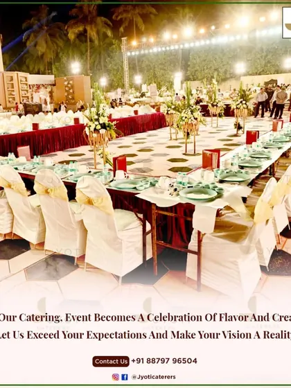 A formal outdoor dining setup with long tables, elegant seating, and a geometric-patterned floor, ready for a large celebration.