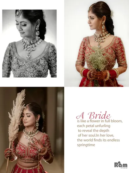 An elegant collage featuring the bride in both color and black and white. The mix of portraits, including one with a pampas grass prop, creates an artistic and modern feel.
