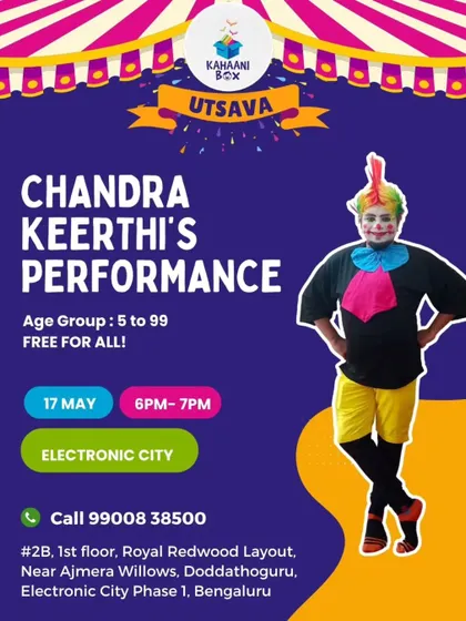 A poster for a captivating performance by theatre artist Chandra Keerthi, free for all ages from 5 to 99.