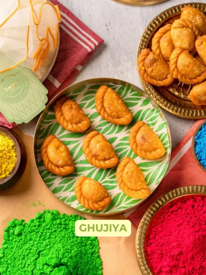 My crispy, golden-brown Ghujiya, filled with rich khoya and nuts. These half-moon shaped sweets are a quintessential part of any Holi celebration, made fresh in my kitchen.