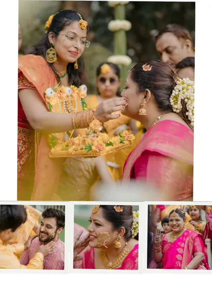 Candid moments from a haldi ceremony, showing guests applying turmeric to the bride and groom. These shots capture the traditional and personal aspects of the ritual.