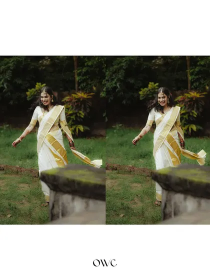 A diptych of the bride walking joyfully in a field.