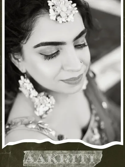 A black and white portrait of the bride with a torn paper effect, giving it a vintage and artistic feel.