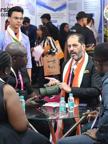 My founder demonstrating our thermal imaging camera to a delegation from Africa at IndiaSoft 2025. My specialized products attract significant international interest.