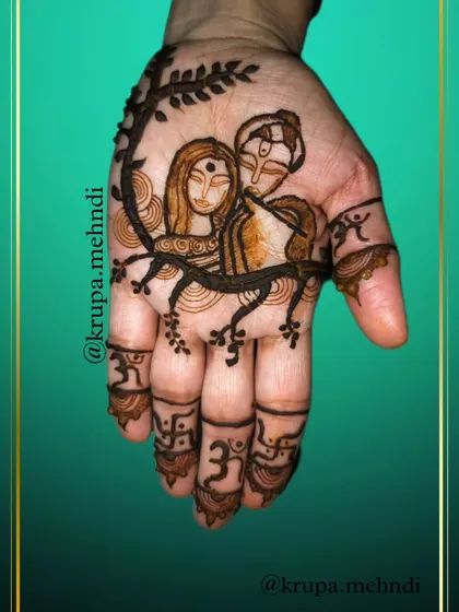 A minimalist take on a Radha Krishna portrait, framed by a tree branch. The fingers are adorned with sacred symbols like Om and the Swastika.