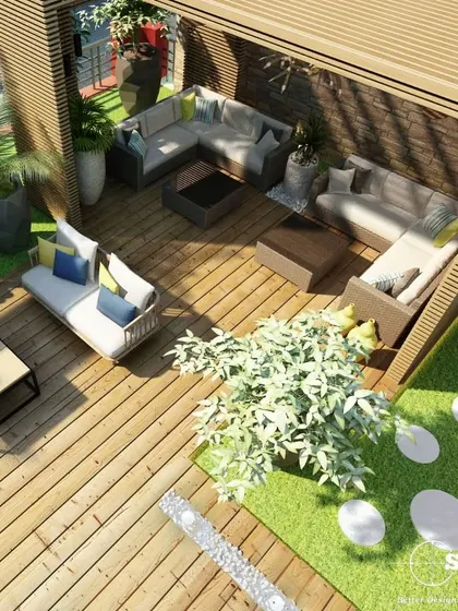 Another angle of the rooftop haven, showing a larger layout with a swing and multiple seating zones. My goal is to maximize the utility and beauty of every available space, including rooftops.