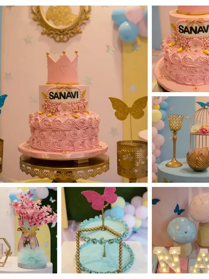 The details make the theme. This collage focuses on the stunning, multi-tiered princess cake and intricate decorations that made Sanavi's party so magical.