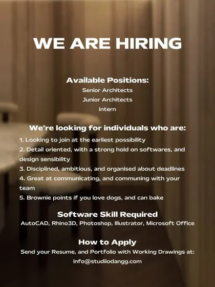 Studio Dangg in New Delhi is hiring for Senior and Junior Architects, looking for detail-oriented individuals with a strong design sensibility.