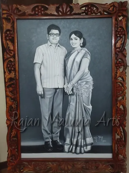 An oil painting portrait of a couple, rendered in a classic black and white style. This 2 by 3 feet piece, housed in an antique wooden frame, offers a timeless and elegant alternative to color portraits.