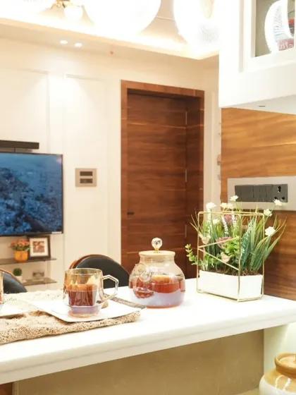 A close-up of the breakfast bar, styled and ready for a cup of tea. It’s these little details that make a house feel like a home.